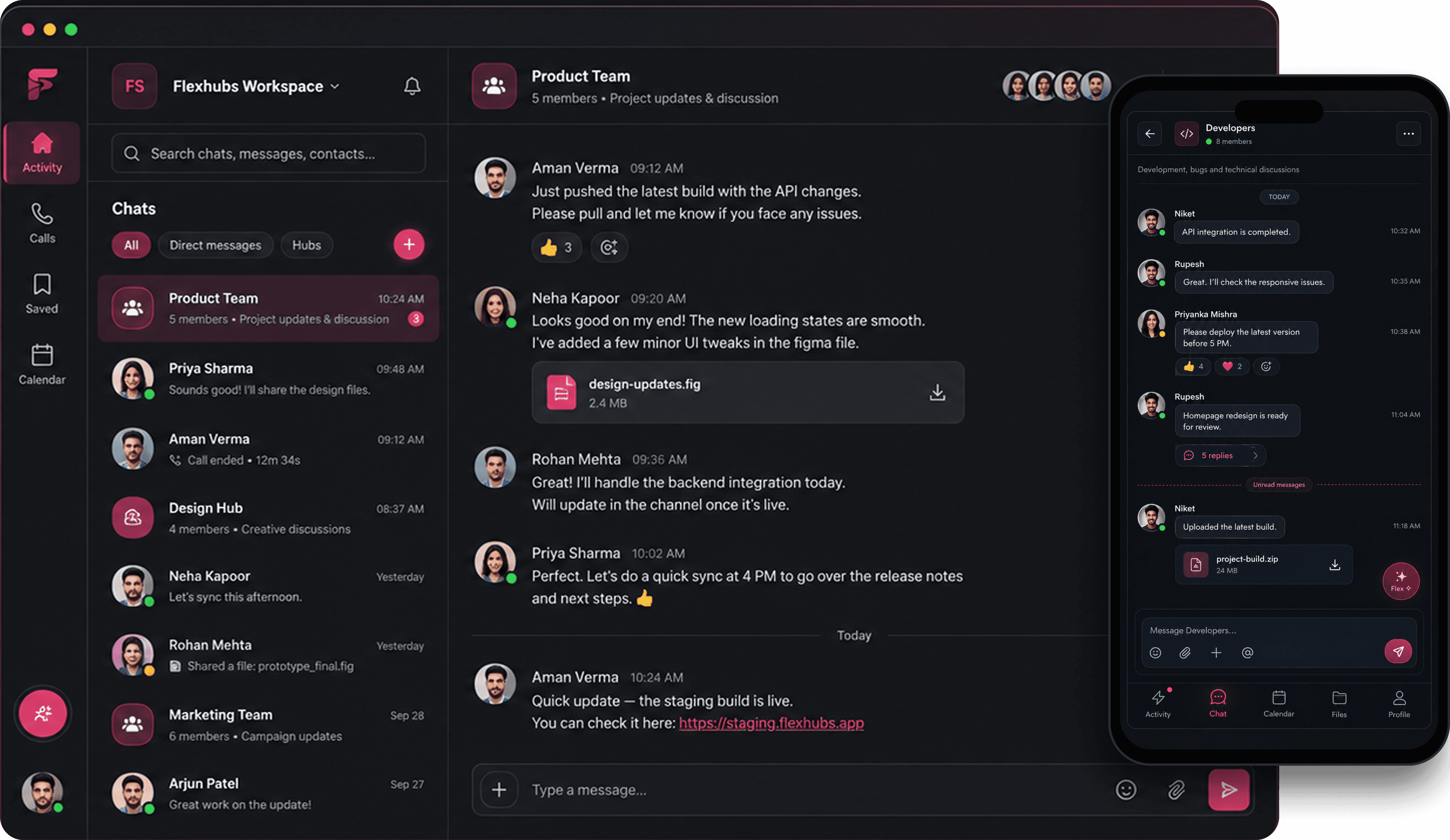 Flexhubs workspace — light and dark mode with video call, messaging, and online status